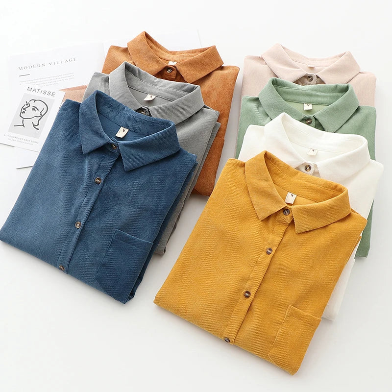 EYM Brand Solid Color Women's Corduroy Shirt 2024 Spring New Women Long Sleeve Blouse Casual Large Size Loose Blouses Lady Tops