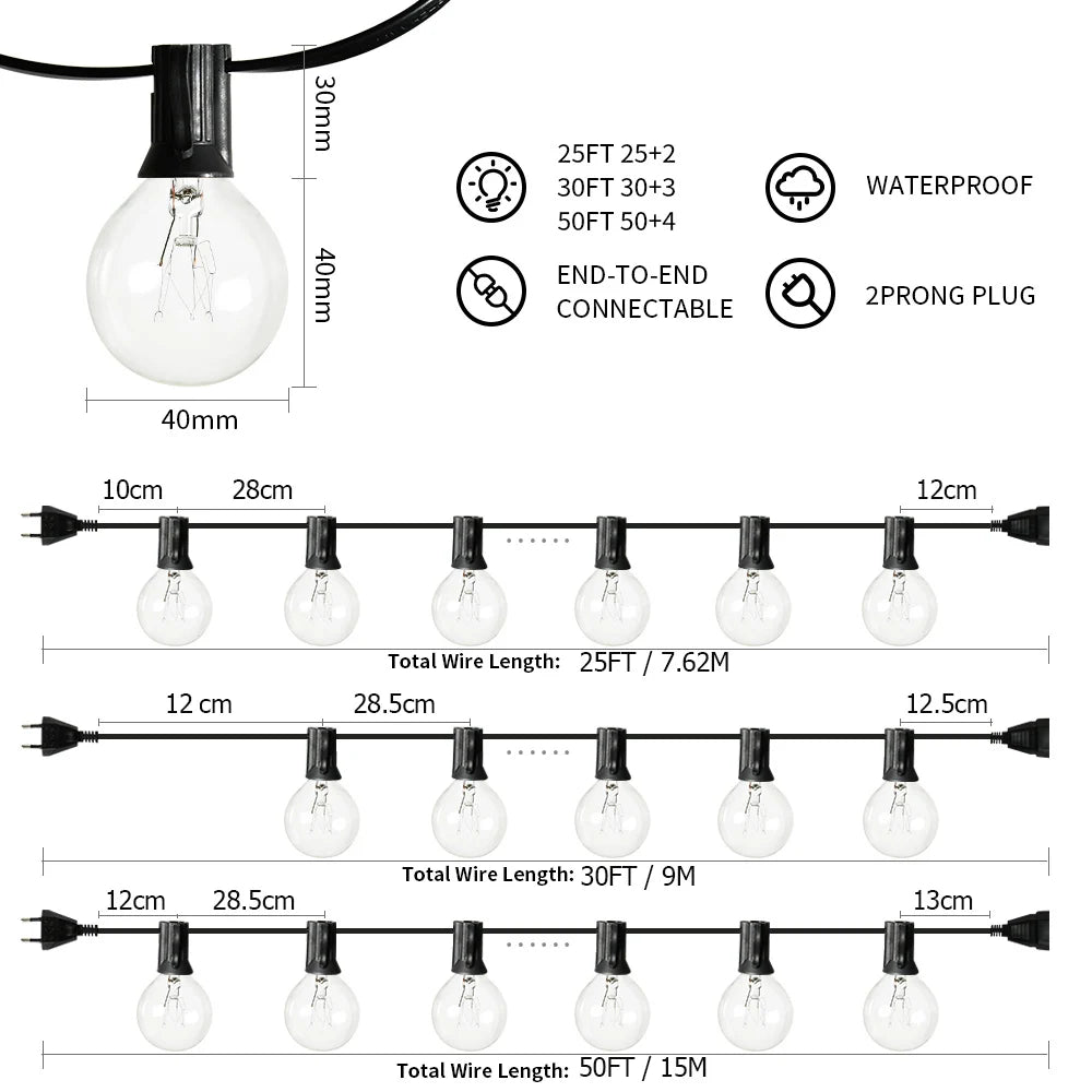 50Ft Patio String Light G40 Globe Festoon Lights Outdoor Fairy Light Retro Street Garland For Wedding Garden Backyard Decoration