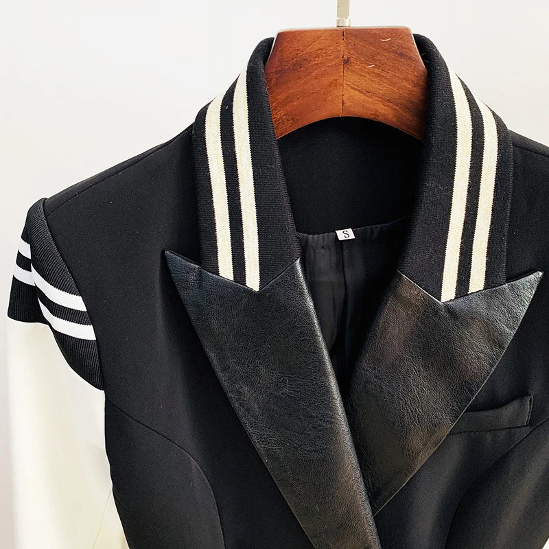 HIGH STREET New Fashion 2024 Classic Varsity Jacket Women's Lion Buttons Double Breasted Leather Sleeve Patchwork Blazer