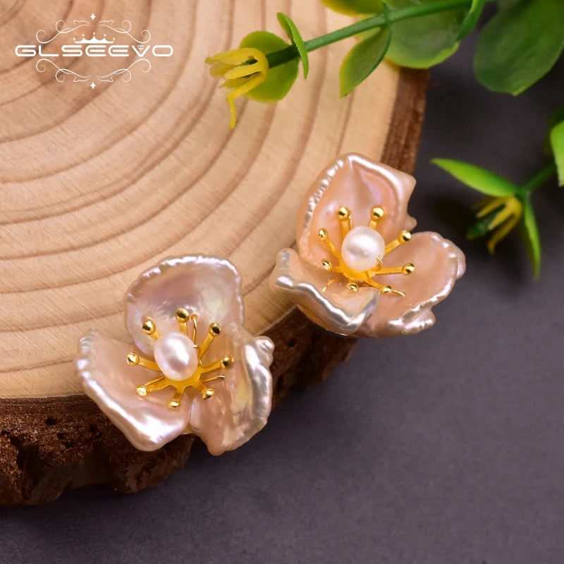 GLSEEVO Natural Fresh Water Baroque Flower Pearl Stud Earrings 925 Sterling Silver Stud Earring For Women Fine Jewellery GE0663