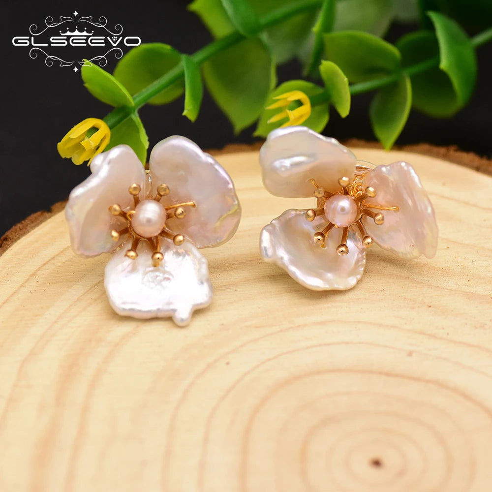 GLSEEVO Natural Fresh Water Baroque Flower Pearl Stud Earrings 925 Sterling Silver Stud Earring For Women Fine Jewellery GE0663