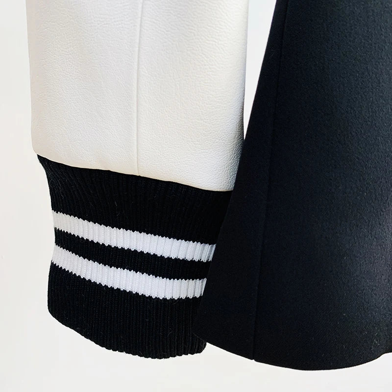 HIGH STREET New Fashion 2024 Classic Varsity Jacket Women's Lion Buttons Double Breasted Leather Sleeve Patchwork Blazer