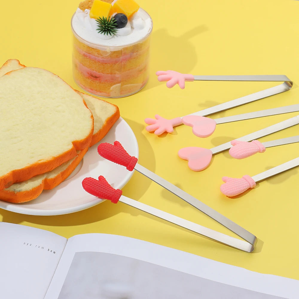 Silicone Mini Snack Food Tongs Stainless Steel Non-slip Handles BBQ Bread Ice Cube Clip Home Kitchen Accessories