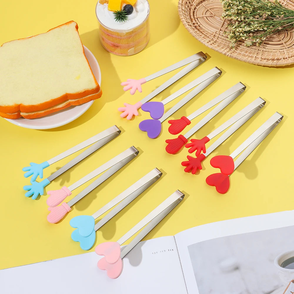 Silicone Mini Snack Food Tongs Stainless Steel Non-slip Handles BBQ Bread Ice Cube Clip Home Kitchen Accessories