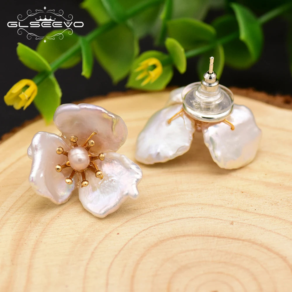 GLSEEVO Natural Fresh Water Baroque Flower Pearl Stud Earrings 925 Sterling Silver Stud Earring For Women Fine Jewellery GE0663