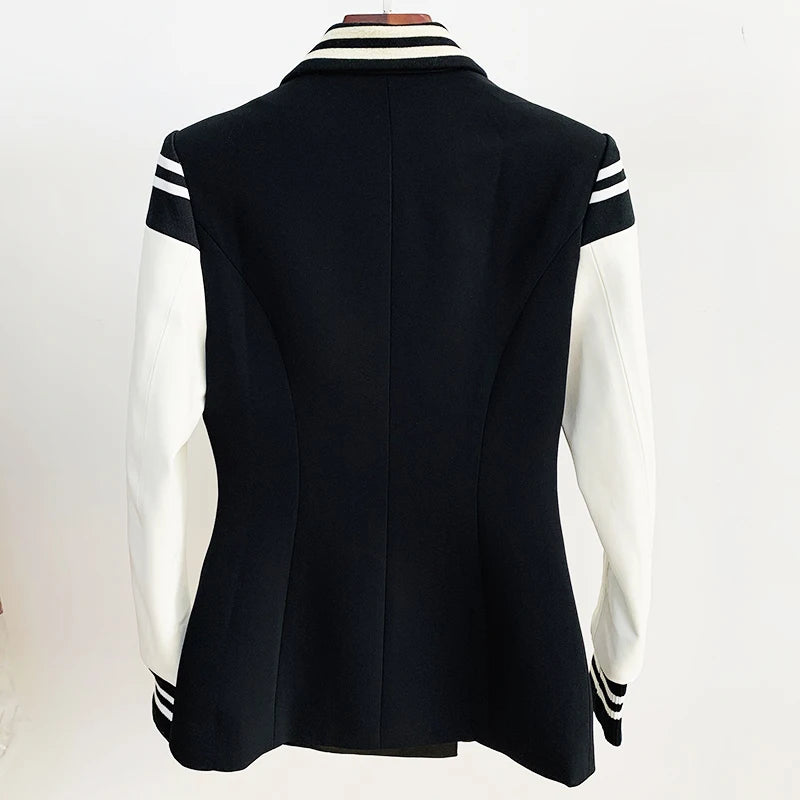 HIGH STREET New Fashion 2024 Classic Varsity Jacket Women's Lion Buttons Double Breasted Leather Sleeve Patchwork Blazer