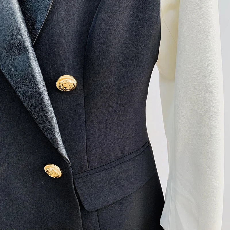 HIGH STREET New Fashion 2024 Classic Varsity Jacket Women's Lion Buttons Double Breasted Leather Sleeve Patchwork Blazer