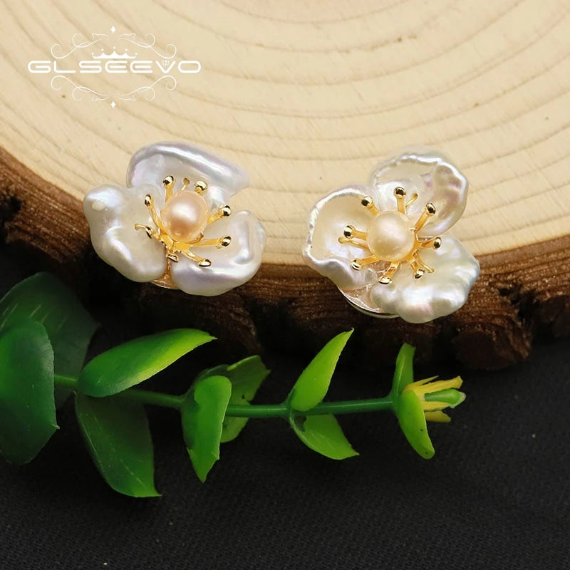 GLSEEVO Natural Fresh Water Baroque Flower Pearl Stud Earrings 925 Sterling Silver Stud Earring For Women Fine Jewellery GE0663