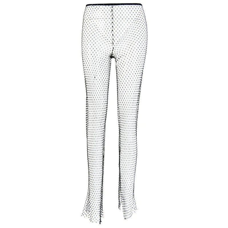 DIRTYLILY Crystal Diamond Shiny Women Pants Summer New Fashion Hollow Out Fishnet Wide Leg Trousers Sexy See Through Beach Pant