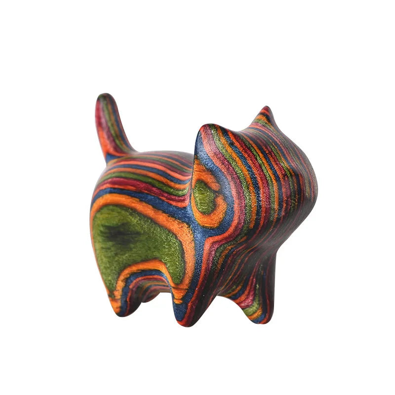 Sculptures lucky cat Ornament Mini Woodcarving Cute Colored Wooden Cat Desktop Accessories Healing Home Decoration Creative Gift