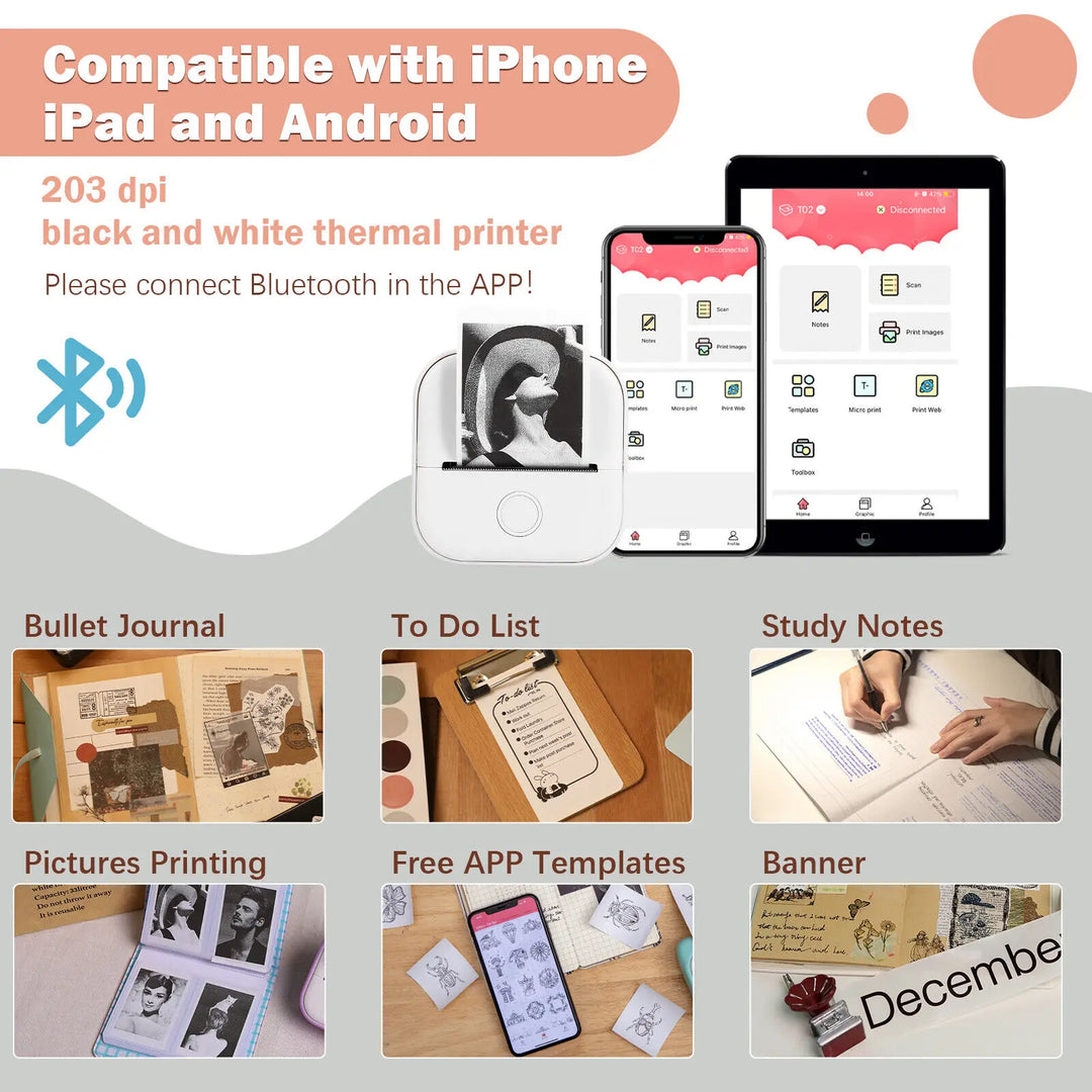 Phomemo T02 Mini Portable Printer Thermal Printing 53mm Sticker Wireless Inkless Mini Pocket Printer Self-adhesive Label Printer