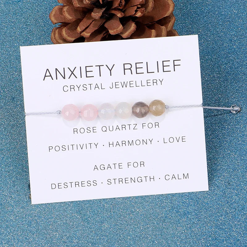 Anxiety Relief Support Crystal Jewellery Natural Gemstone Beaded Bracelet Women Rose Quartz Agate Adjustable Braided Rope Bangle