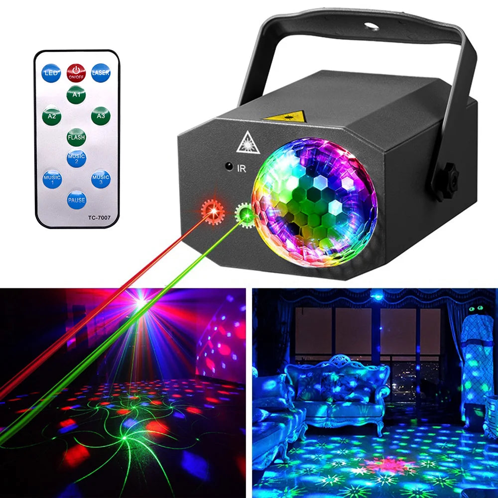 LED Party Light DJ Disco Ball Light RGB Projector Laser Lamp Sound Activated Stage Light Remote Control Strobe Lamp for Bar KTV