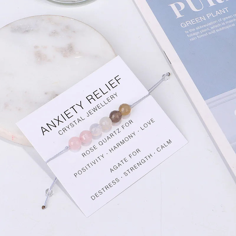 Anxiety Relief Support Crystal Jewellery Natural Gemstone Beaded Bracelet Women Rose Quartz Agate Adjustable Braided Rope Bangle