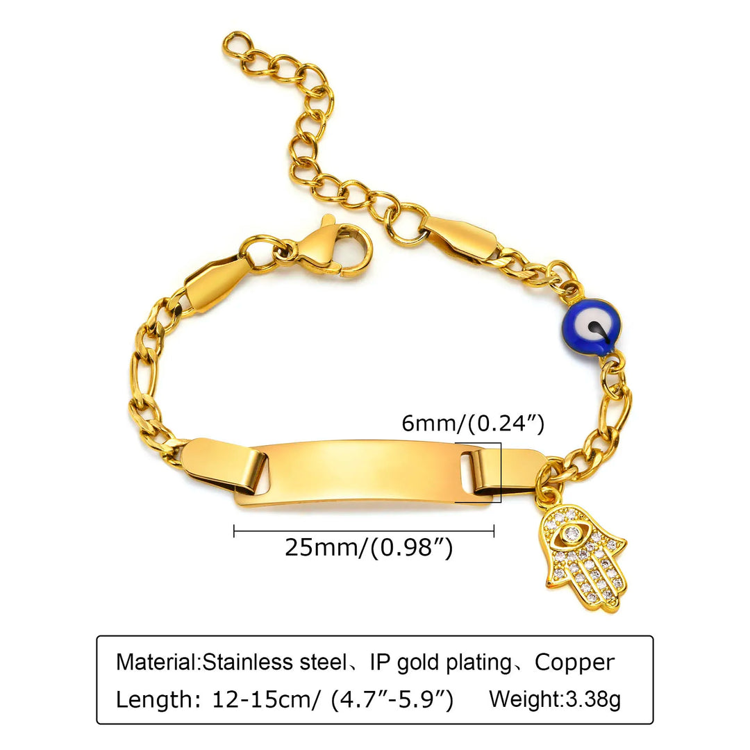 Hamsa Evil Eye Chain Bracelet for Baby, Engrave Customized Name Bracelet, Hand of Fatima Lucky Jewellery