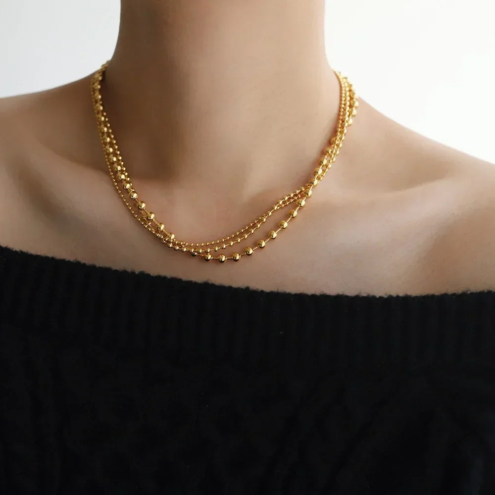 RHYSONG 316L Stainless Steel With 18K Gold Plated PVD Unique Layered  Beads Chain Necklace For Women Fashion Gold Silver Jewelry