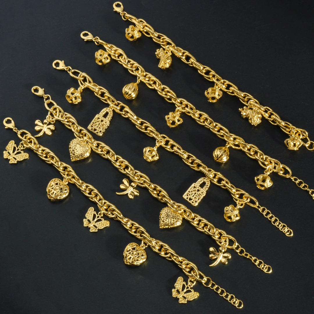 Sunny Jewelry Fashion Charm Bracelet Copper Gold Plated Crown Heart Bear Geometry Pendant Cute Jewellery Women Girl Party Gift