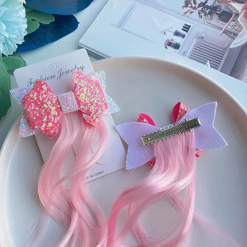 Colorful Wigs Hairclip Ponytail Holder Princess Bows Unicorn Braid Kids Headwear Party Ornament Hair Accessories Girls Gift