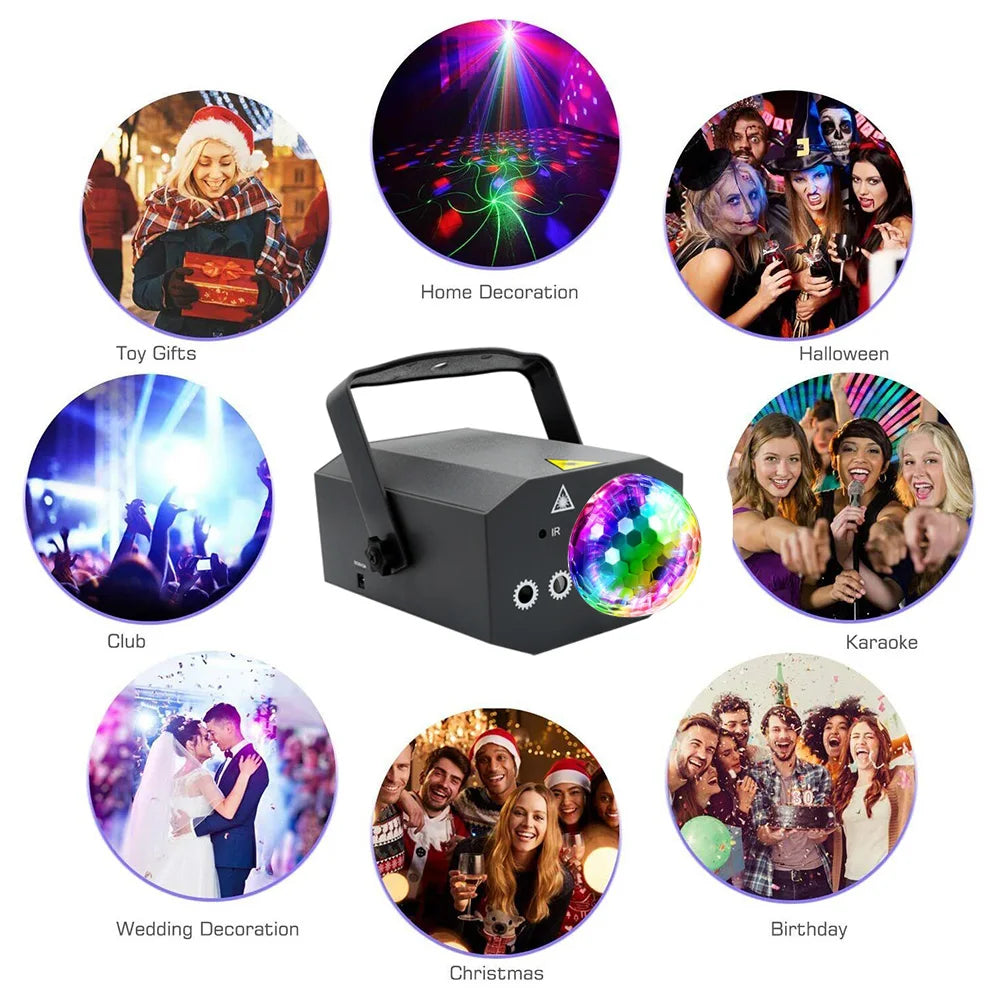 LED Party Light DJ Disco Ball Light RGB Projector Laser Lamp Sound Activated Stage Light Remote Control Strobe Lamp for Bar KTV
