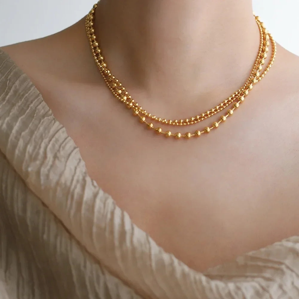 RHYSONG 316L Stainless Steel With 18K Gold Plated PVD Unique Layered  Beads Chain Necklace For Women Fashion Gold Silver Jewelry