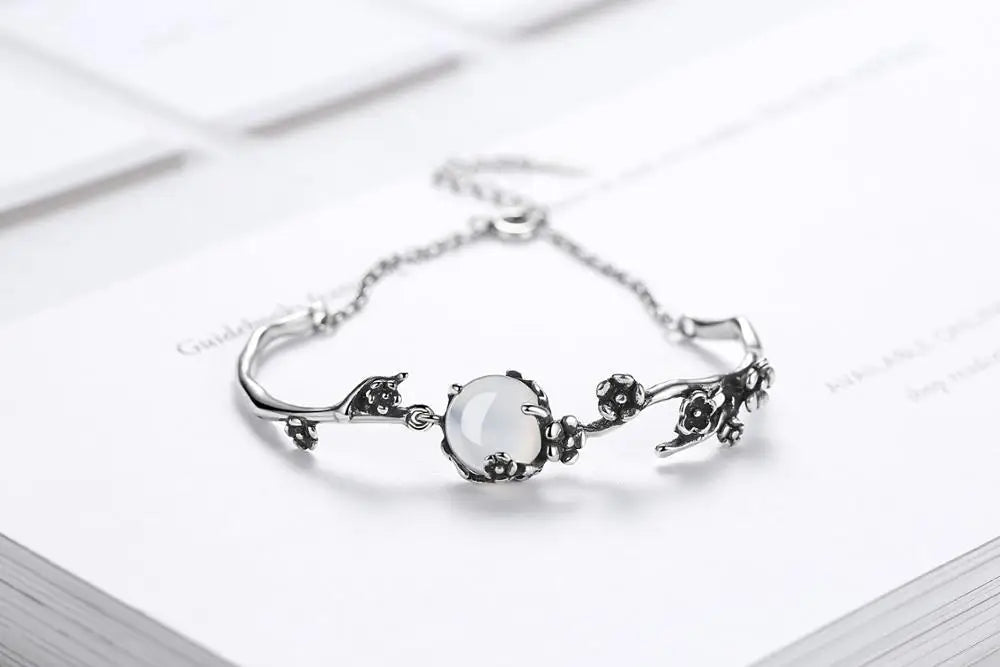 925 Sterling Silver Bracelet Vintage Fashion Thai Moonlight Stone Plum Flower Chain Linked For Women Bangle Jewelry Christmas