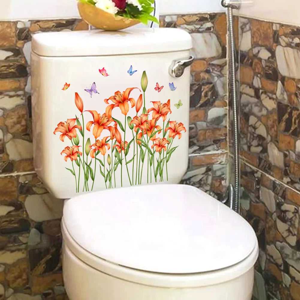Beautiful Plant Flowers Wall Sticker Bathroom Accessories Toilet Decor Decals Cabinet Room Home Decoration Self Adhesive Mural