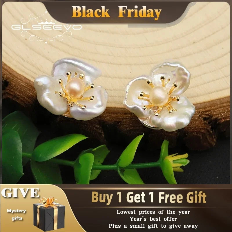 GLSEEVO Natural Fresh Water Baroque Flower Pearl Stud Earrings 925 Sterling Silver Stud Earring For Women Fine Jewellery GE0663