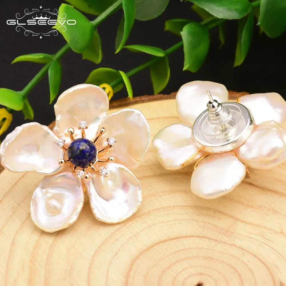 GLSEEVO Handmade 925 Sterling Silver Natural Lapis Lazuli Baroque Flower Pearl Stud Earrings For Women Gift Jewellery GE0678