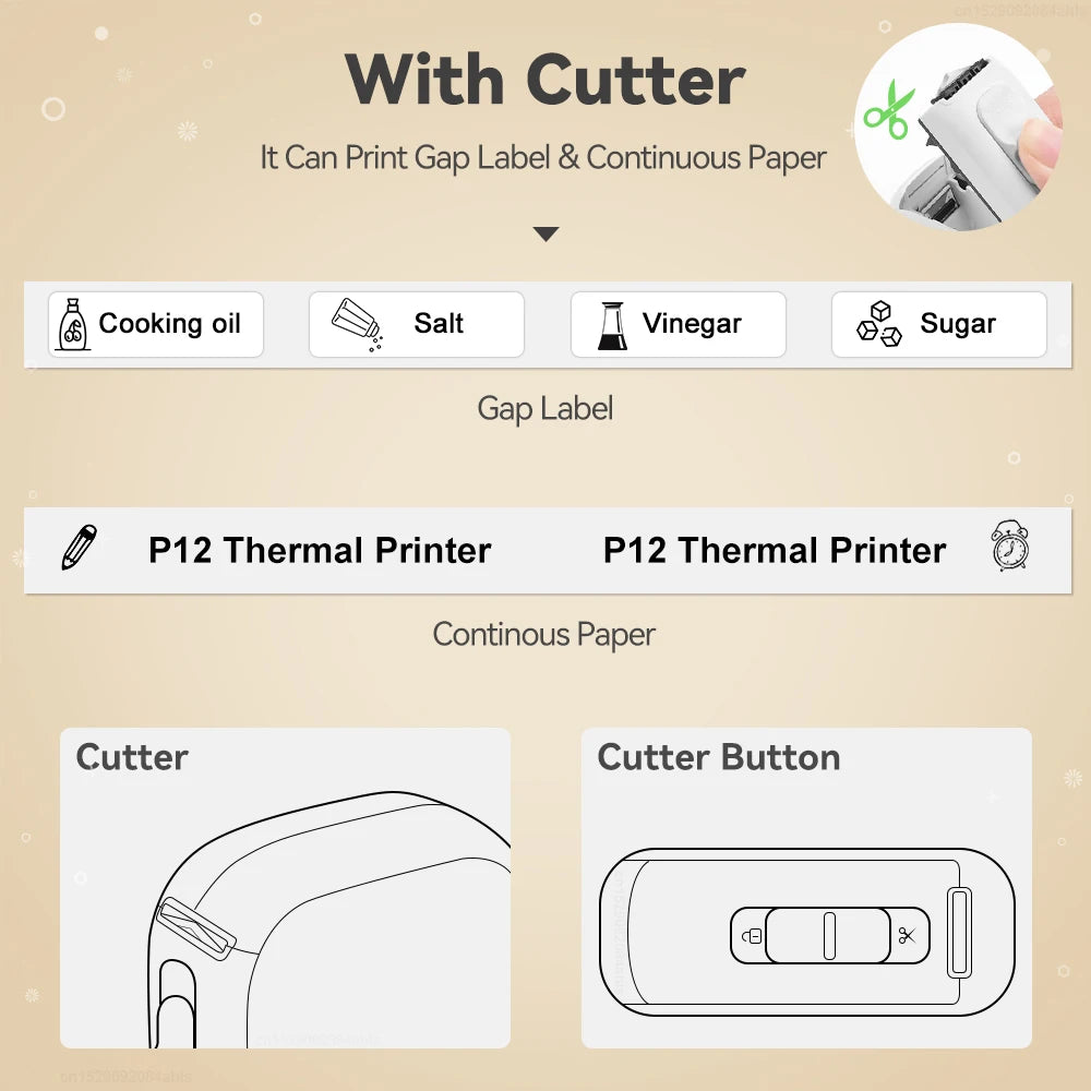 Mini Portable Printer P12 Thermal Label Printer No Ink Wireless Bluetooth Adhesive Sticker Printer with Continue Labels 15mm*7m