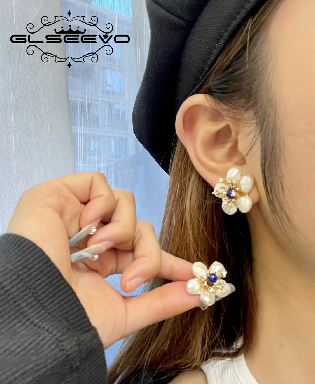 GLSEEVO Handmade 925 Sterling Silver Natural Lapis Lazuli Baroque Flower Pearl Stud Earrings For Women Gift Jewellery GE0678