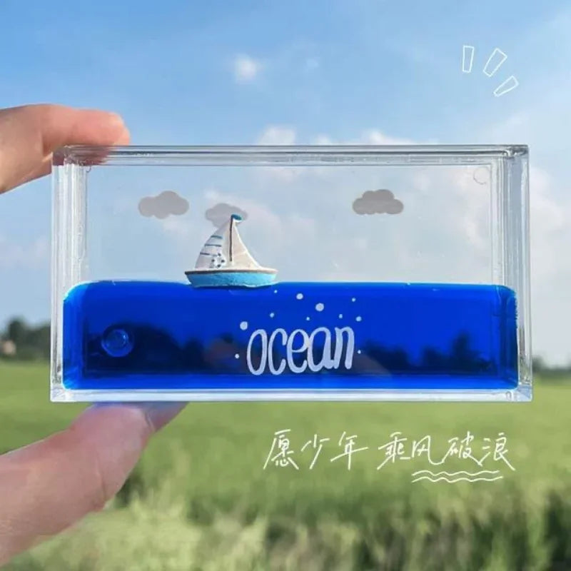 New Ocean Drift Bottle Floating Sailing Hourglass Layering Fluid Unzip Cure Toys Gift Home Desktop Decorations Accessories