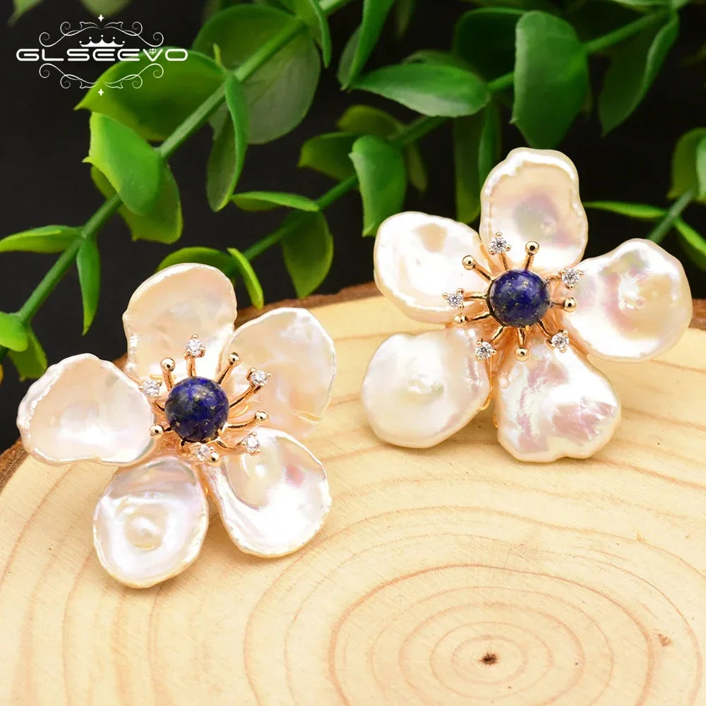 GLSEEVO Handmade 925 Sterling Silver Natural Lapis Lazuli Baroque Flower Pearl Stud Earrings For Women Gift Jewellery GE0678