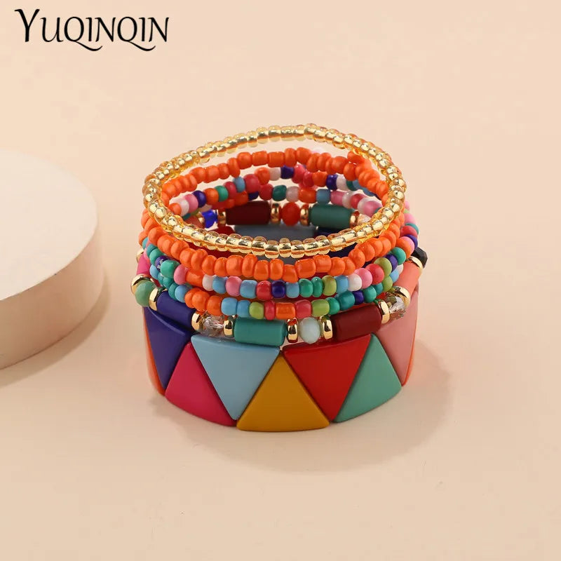 Trendy Acrylic Bohemian Bracelets Set for Women Multi-layer Seed Beads Chain Bracelet Bangles Charm Ladies Diy Fashion Jewellery