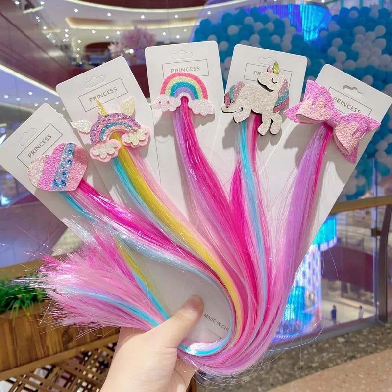 Colorful Wigs Hairclip Ponytail Holder Princess Bows Unicorn Braid Kids Headwear Party Ornament Hair Accessories Girls Gift