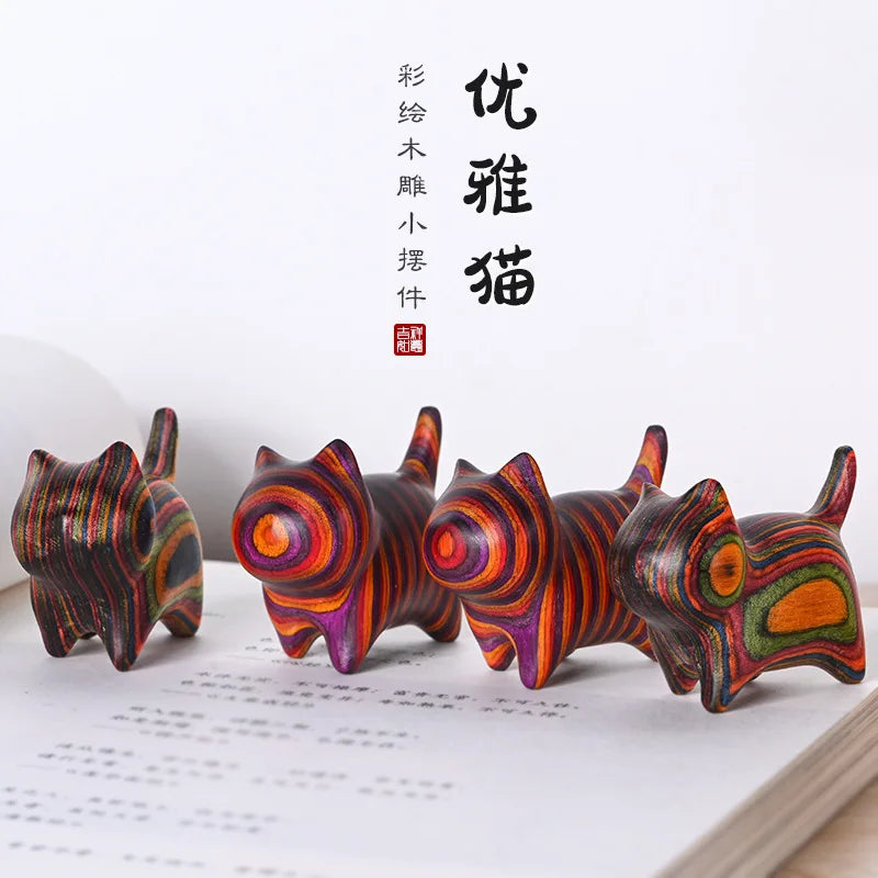 Sculptures lucky cat Ornament Mini Woodcarving Cute Colored Wooden Cat Desktop Accessories Healing Home Decoration Creative Gift