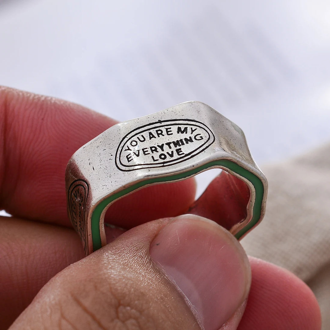 New 2023 Elegant Monogram Engraved Green Stripe Design Vintage Thai Silver Color Women's Finger Ring Party Jewellery Gift