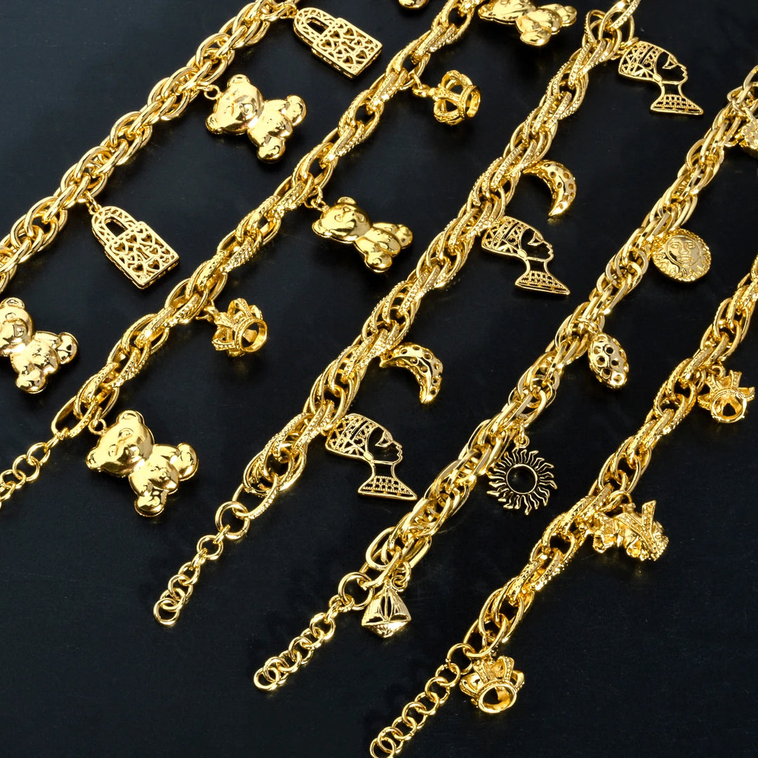 Sunny Jewelry Fashion Charm Bracelet Copper Gold Plated Crown Heart Bear Geometry Pendant Cute Jewellery Women Girl Party Gift