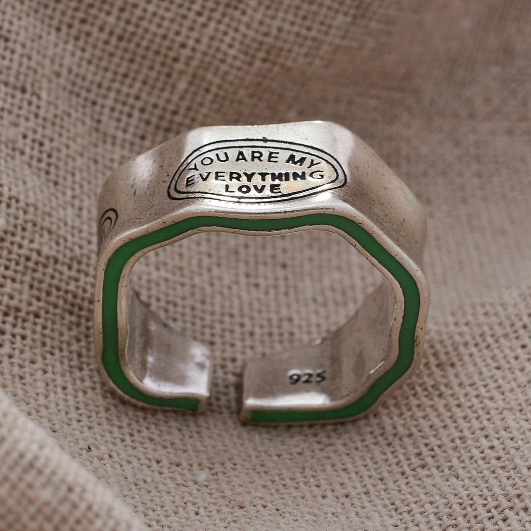 New 2023 Elegant Monogram Engraved Green Stripe Design Vintage Thai Silver Color Women's Finger Ring Party Jewellery Gift