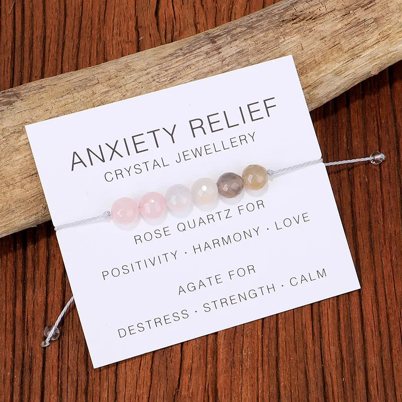Anxiety Relief Support Crystal Jewellery Natural Gemstone Beaded Bracelet Women Rose Quartz Agate Adjustable Braided Rope Bangle