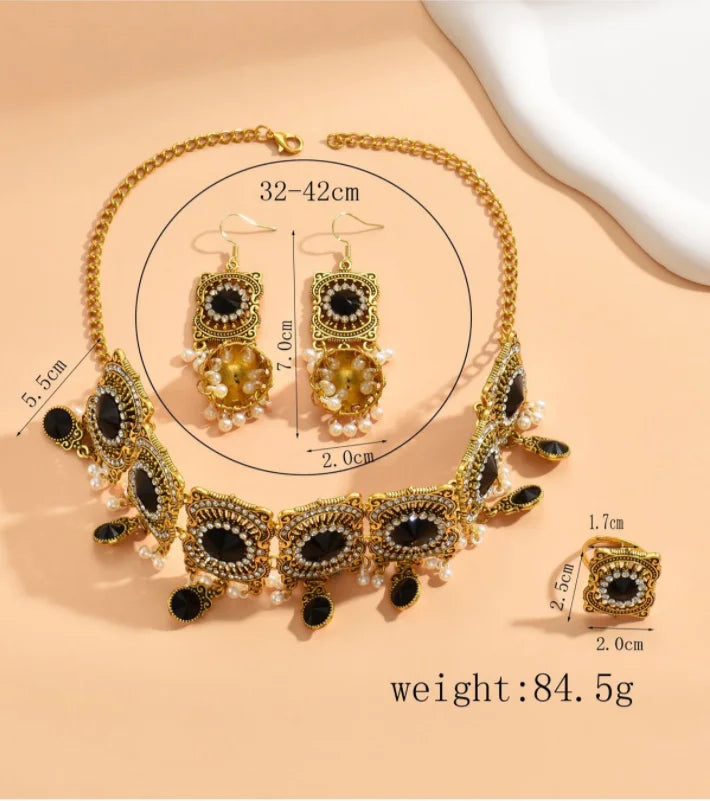 Vintage Gold Plated Jewelry Set for Women Green Black Rhinestone Choker Pearl Necklace Tassel Earrings Ring Christmas Jewellery