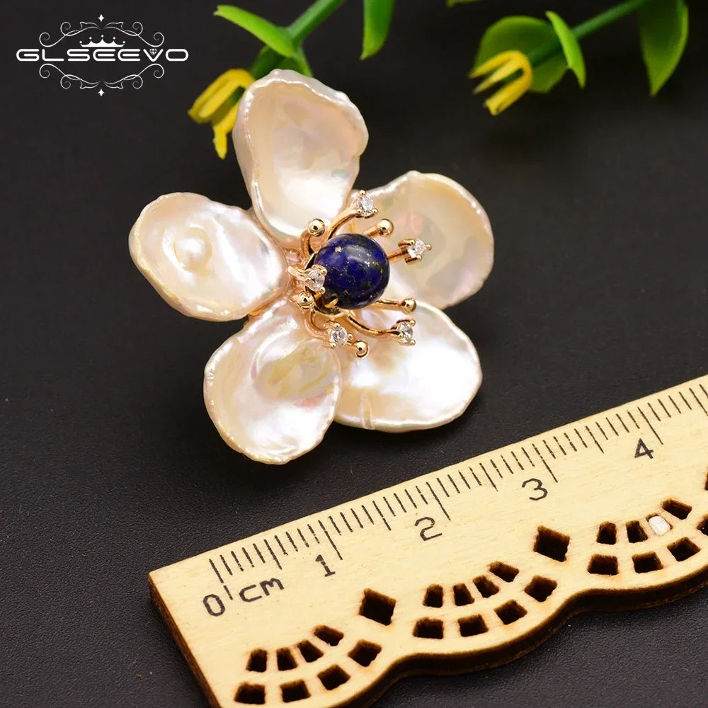 GLSEEVO Handmade 925 Sterling Silver Natural Lapis Lazuli Baroque Flower Pearl Stud Earrings For Women Gift Jewellery GE0678