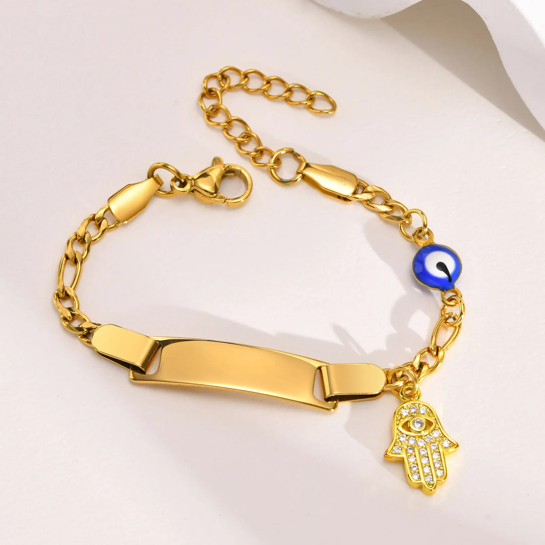 Hamsa Evil Eye Chain Bracelet for Baby, Engrave Customized Name Bracelet, Hand of Fatima Lucky Jewellery