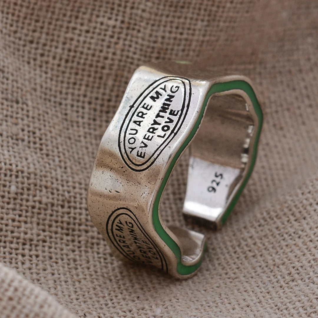 New 2023 Elegant Monogram Engraved Green Stripe Design Vintage Thai Silver Color Women's Finger Ring Party Jewellery Gift