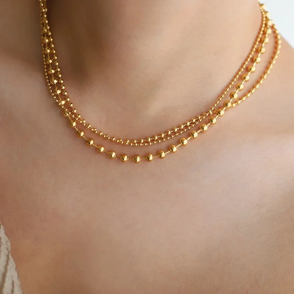 RHYSONG 316L Stainless Steel With 18K Gold Plated PVD Unique Layered  Beads Chain Necklace For Women Fashion Gold Silver Jewelry