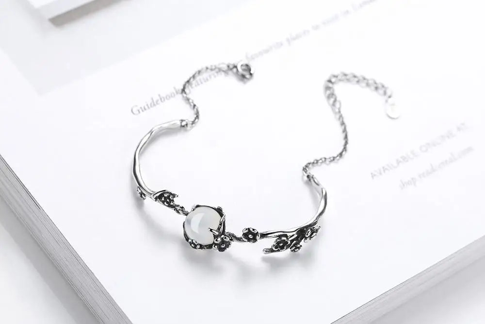 925 Sterling Silver Bracelet Vintage Fashion Thai Moonlight Stone Plum Flower Chain Linked For Women Bangle Jewelry Christmas