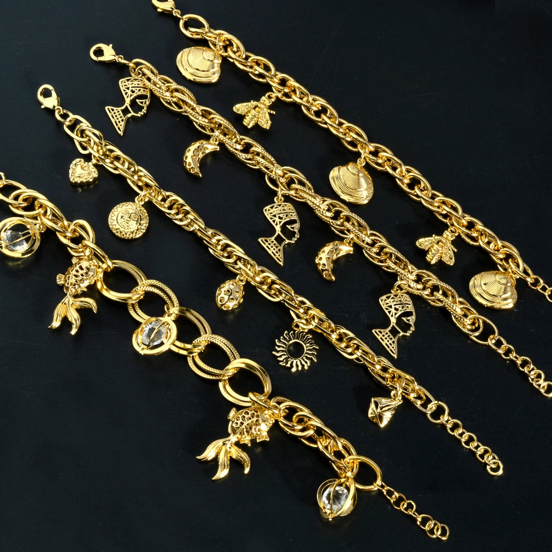 Sunny Jewelry Fashion Charm Bracelet Copper Gold Plated Crown Heart Bear Geometry Pendant Cute Jewellery Women Girl Party Gift