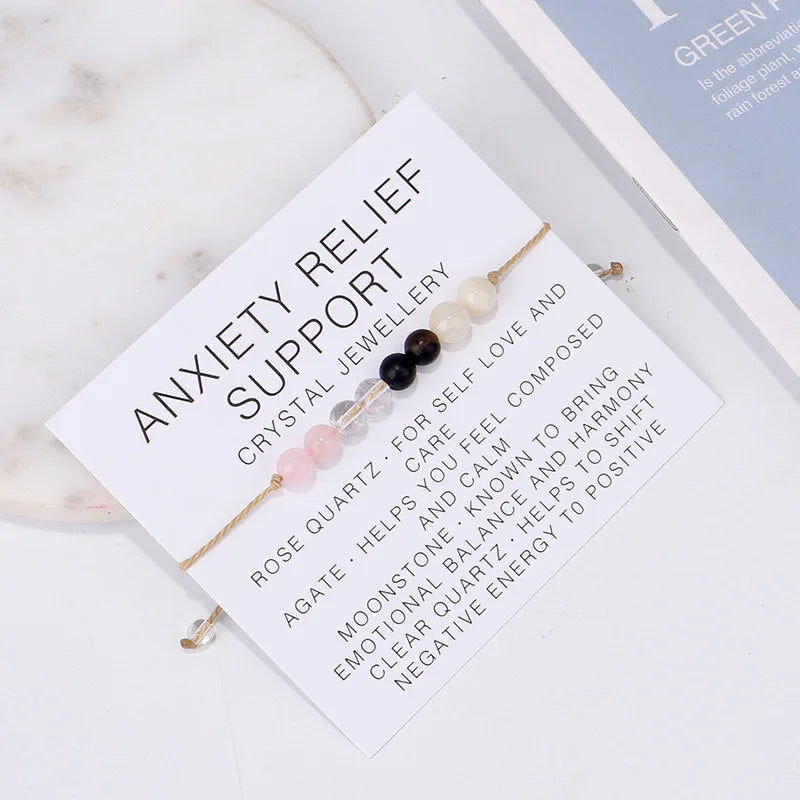 Anxiety Relief Support Crystal Jewellery Natural Gemstone Beaded Bracelet Women Rose Quartz Agate Adjustable Braided Rope Bangle