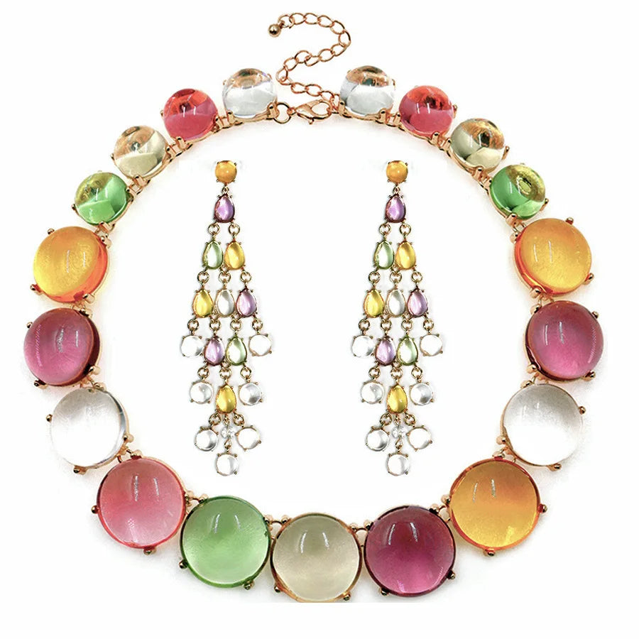 Colorful Resin Jewellery Sets Exaggerated Long Waterdrop Tassels Earring Trendy Chokers Necklaces Korean Fashion Charm Jewelry