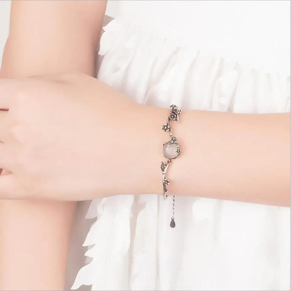 925 Sterling Silver Bracelet Vintage Fashion Thai Moonlight Stone Plum Flower Chain Linked For Women Bangle Jewelry Christmas