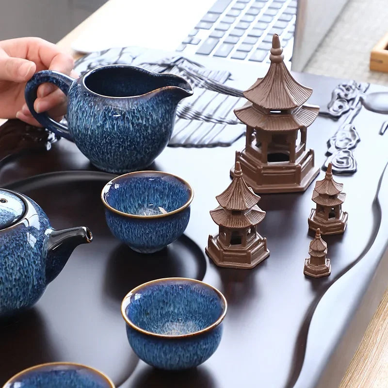 Tea Pet Ornaments Octagonal Pagoda Feng Shui Mini Garden Accessories Ceramic Decorations for Home Decore Black Tea Play